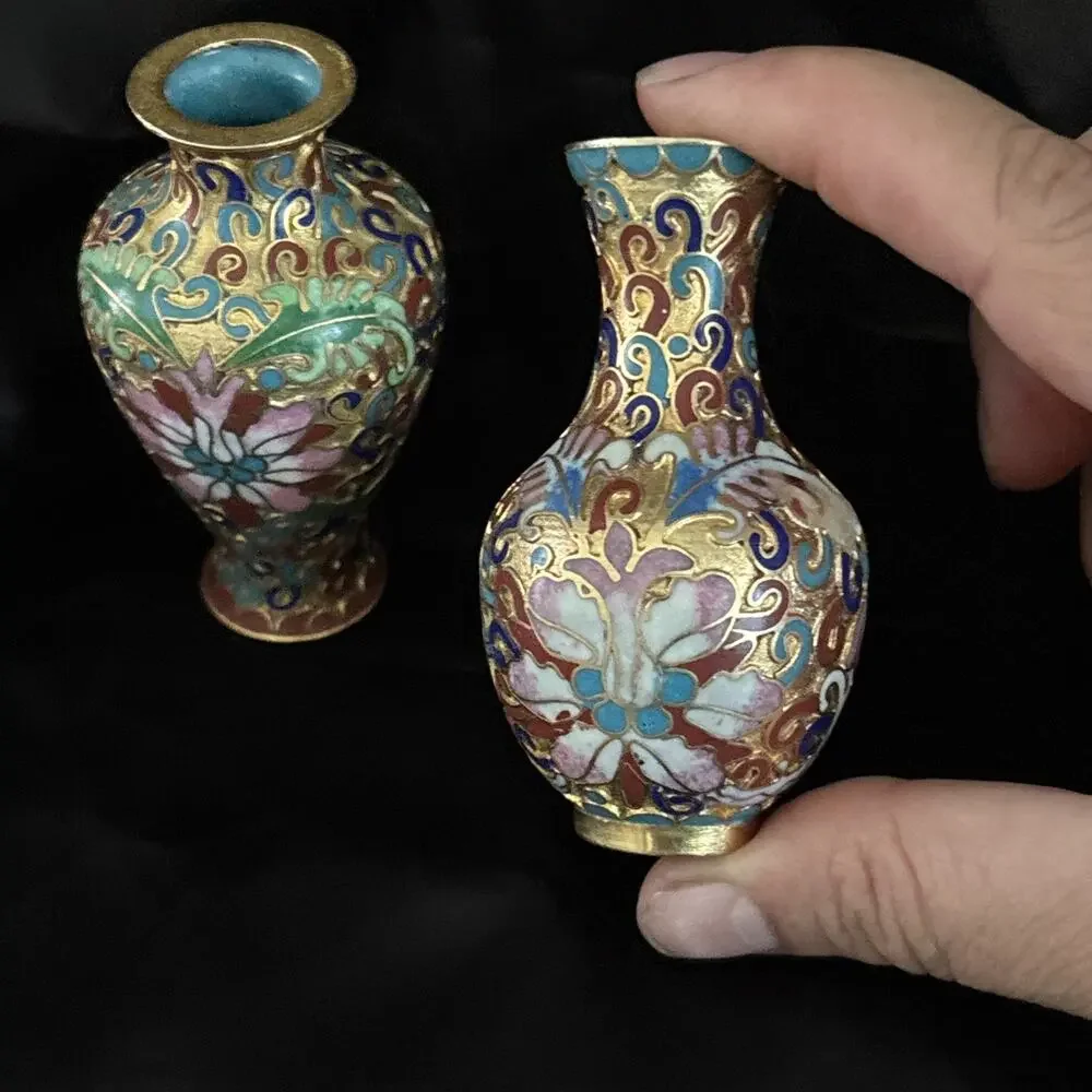 2 Vintage Cloisonné Vase Set Mini Vases Vibrant Blue Pink Gold Floral Design 3”